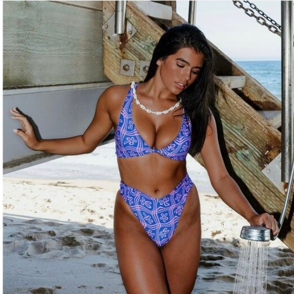 Skatie Blue Pink Floral Psychedelic Bikini Set High Waisted V-Front XL